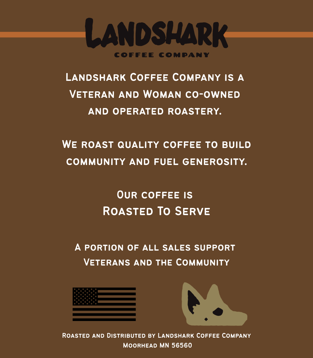 Description of Landshark Coffee Company on back of coffee bag