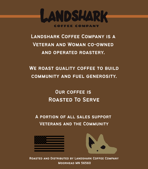 Description of Landshark Coffee Company on back of coffee bag