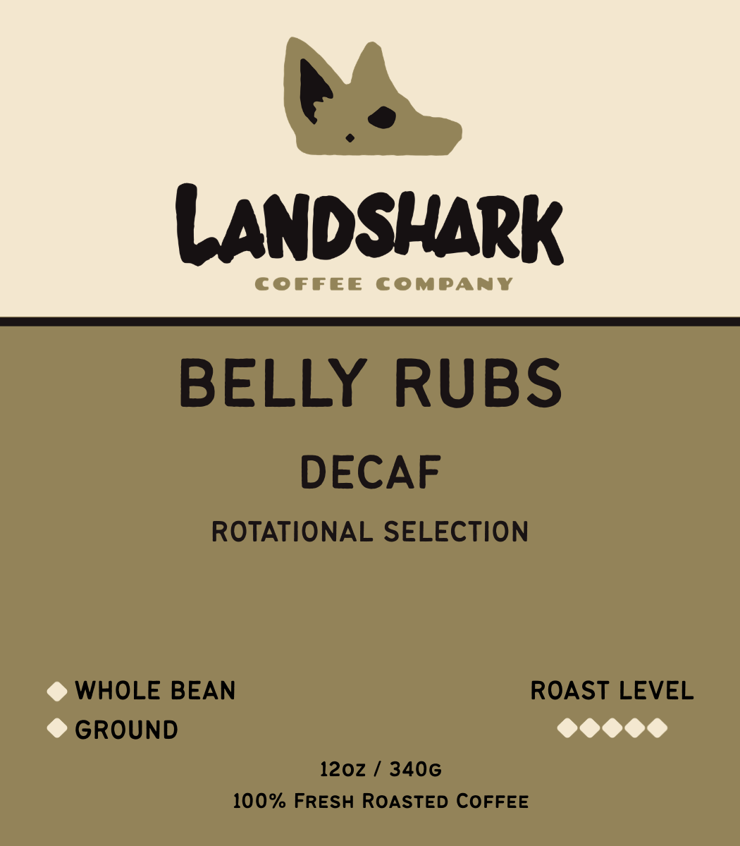 Label for the Belly Rubs decaf coffee