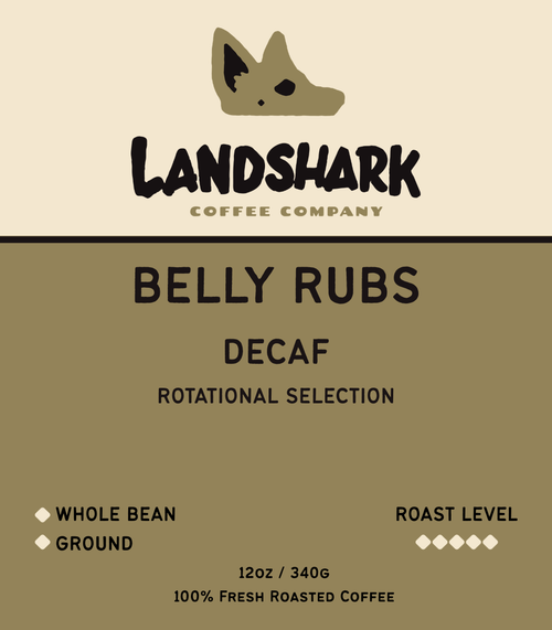 Label for the Belly Rubs decaf coffee